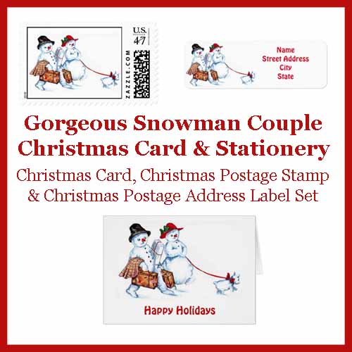 Snowman Couple Christmas card, address label & postage stamp set
