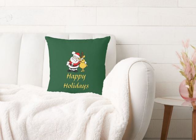 Christmas throw pillow featuring Santa and Rudolph, very festive as part of your Christmas decor