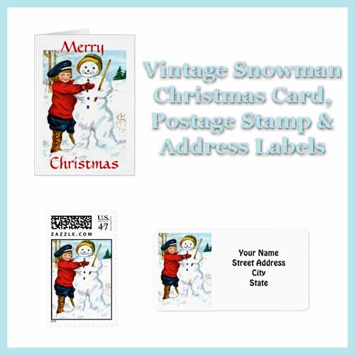 Vintage Winter Snowman Christmas Card, Vintage Christmas Postage & Vintage Snowman Address Labels